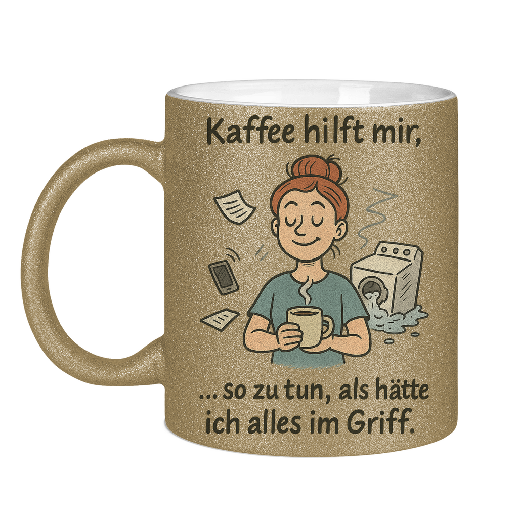 Kaffee hilft mir Glitzertasse in gold