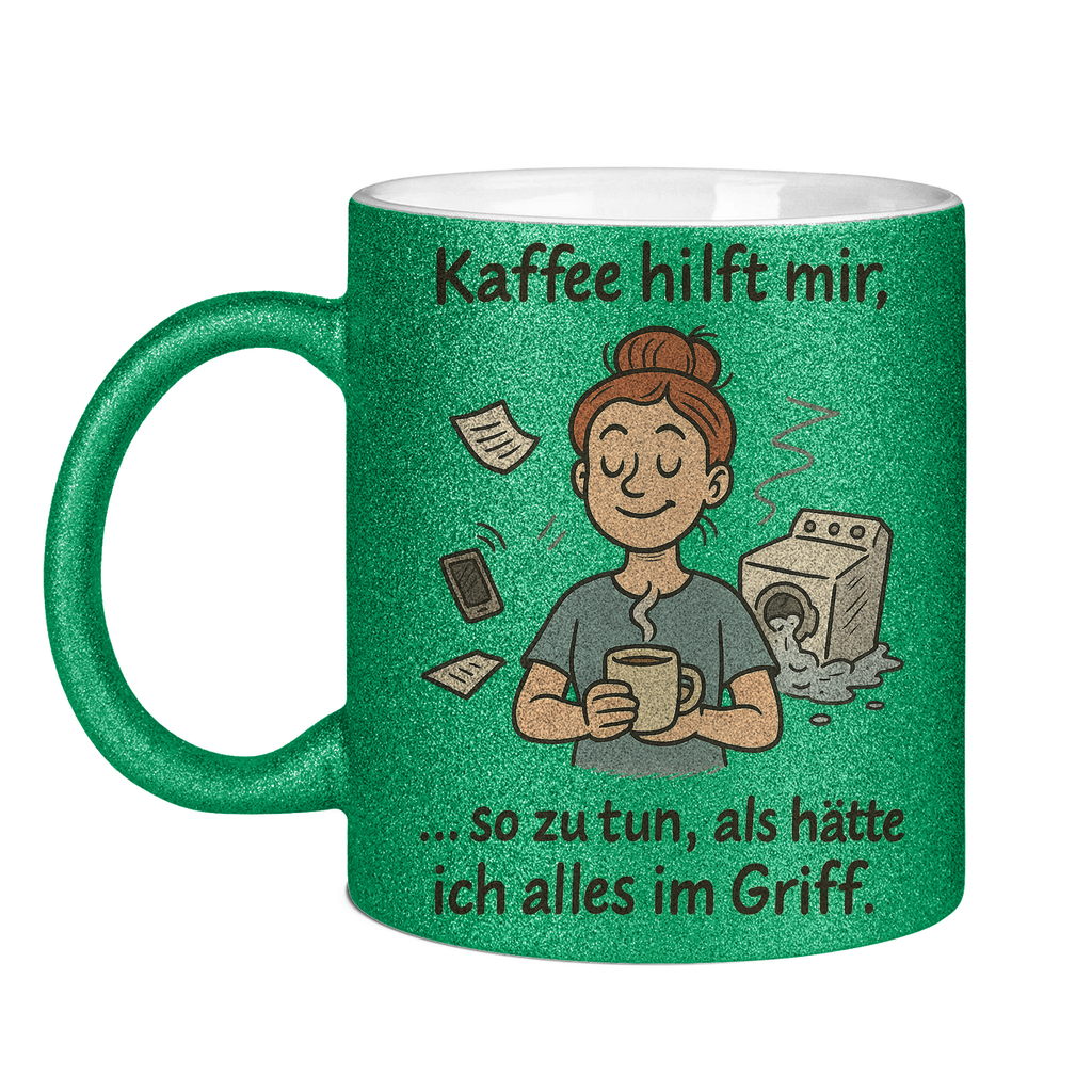 Kaffee hilft mir Glitzertasse in grün