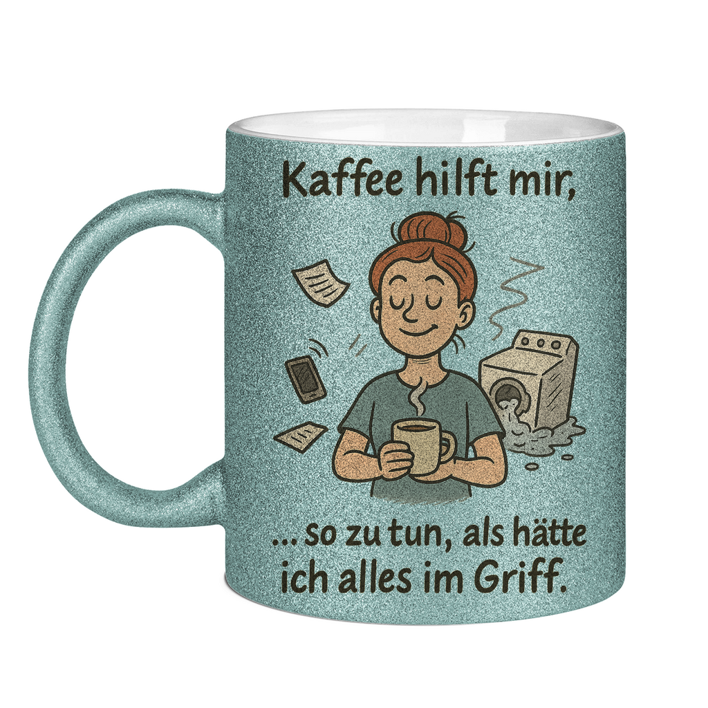 Kaffee hilft mir Glitzertasse in hellblau