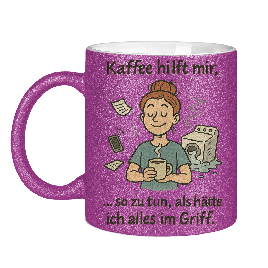 Kaffee hilft mir Glitzertasse in lila
