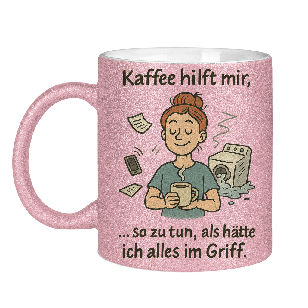 Kaffee hilft mir Glitzertasse in rosa