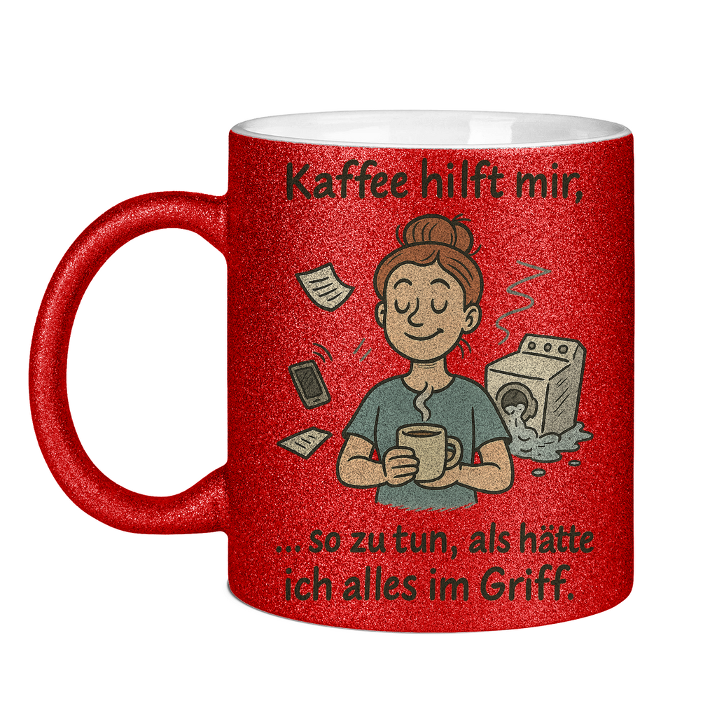 Kaffee hilft mir Glitzertasse in rot