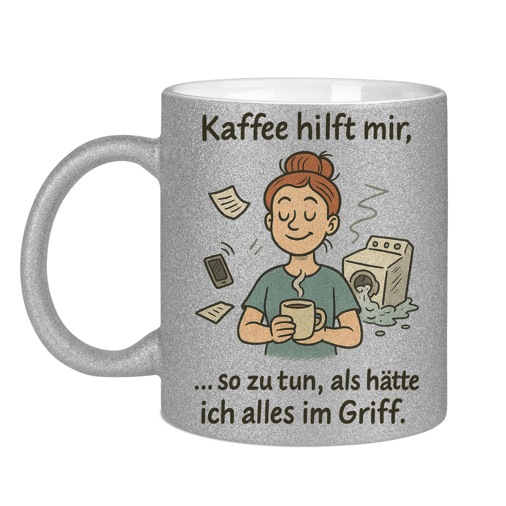 Kaffee hilft mir Glitzertasse in silber