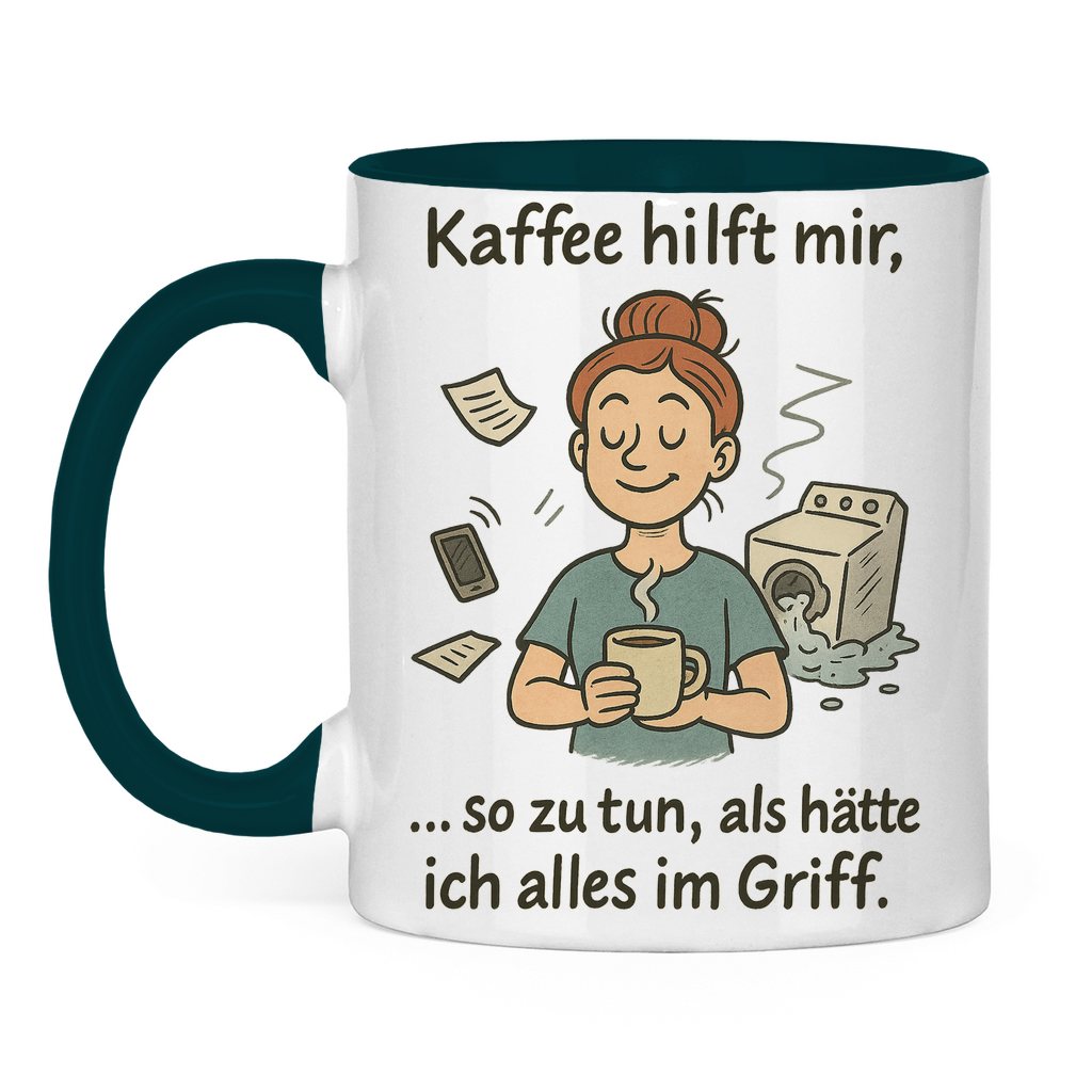 Kaffee hilft mir Tasse zweifarbig in dunkelgrün