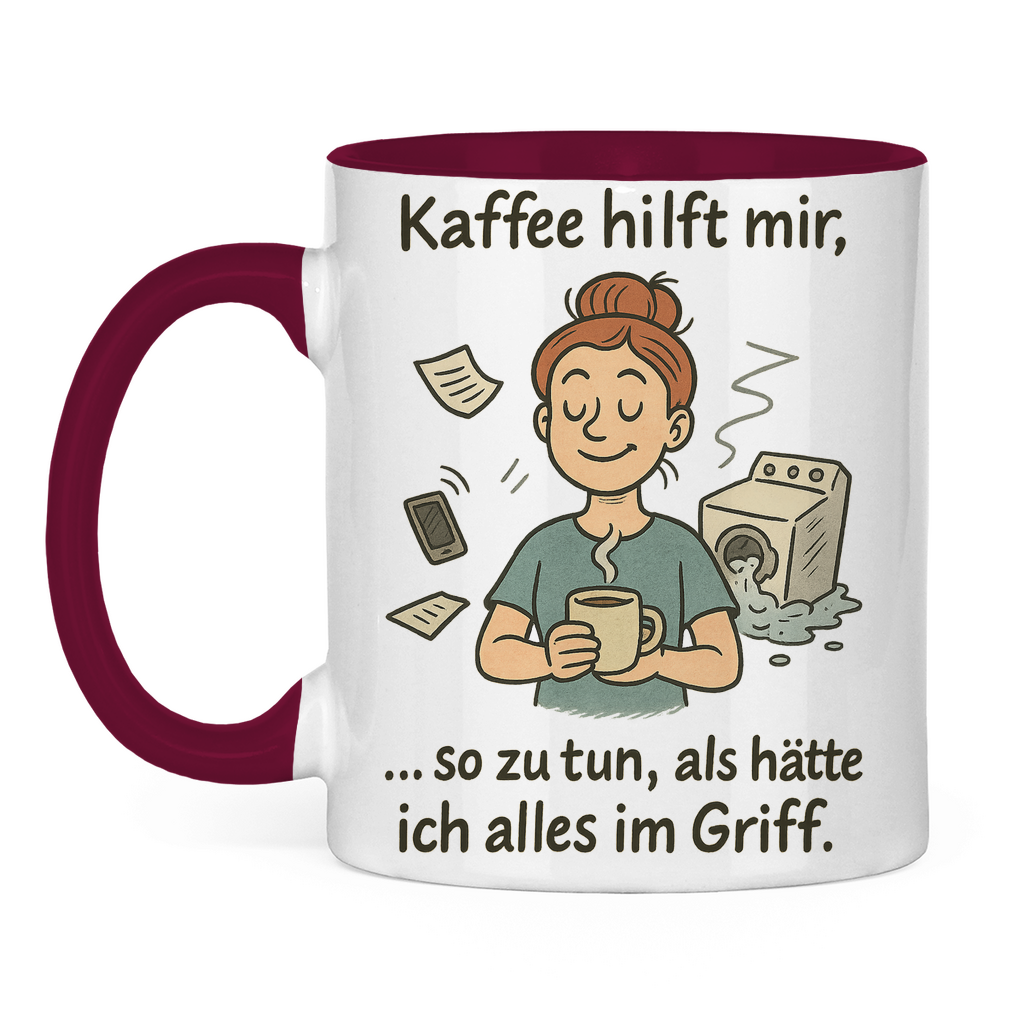 Kaffee hilft mir Tasse zweifarbig in dunkelrot