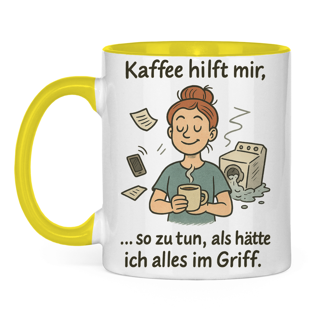 Kaffee hilft mir Tasse zweifarbig in gelb