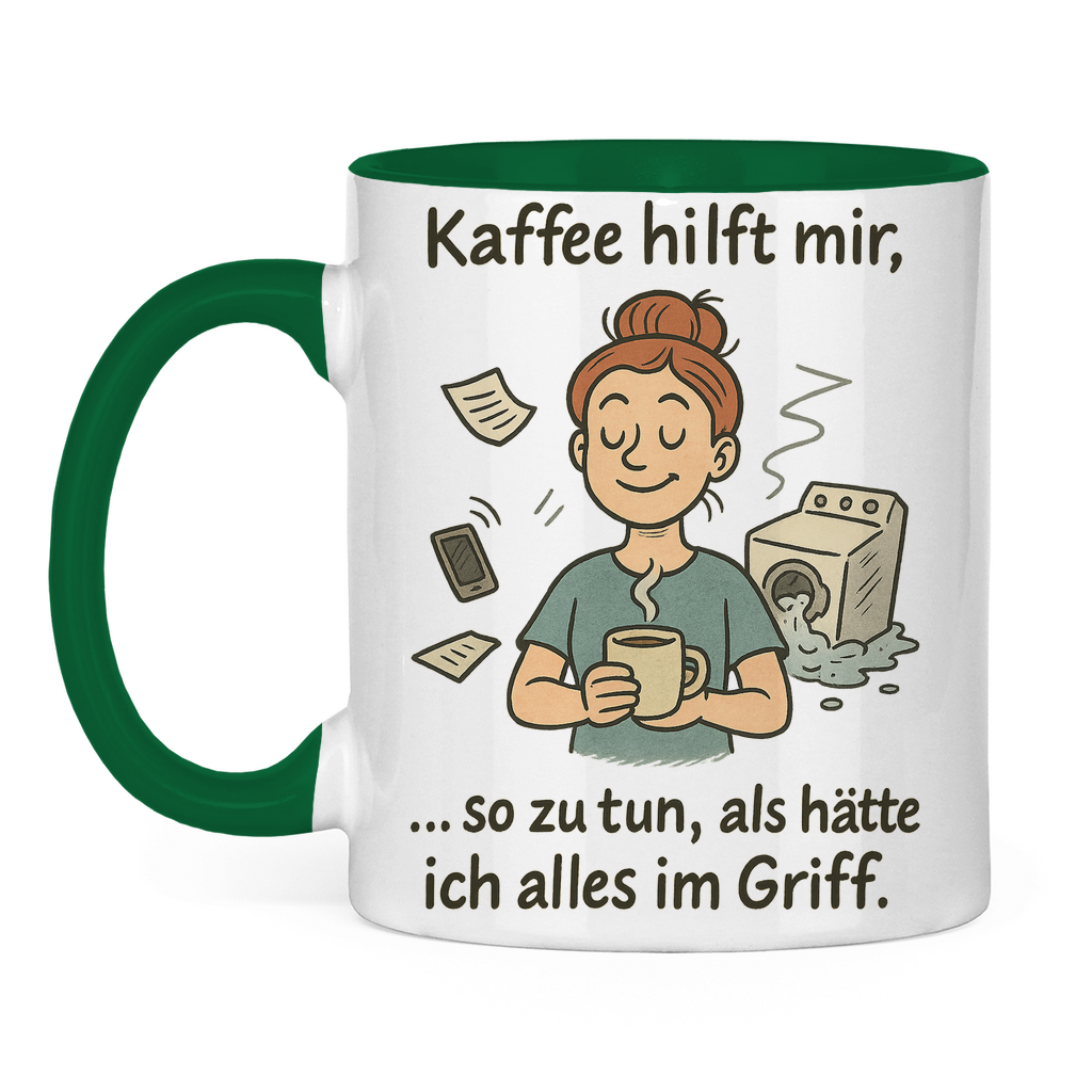 Kaffee hilft mir Tasse zweifarbig in grün