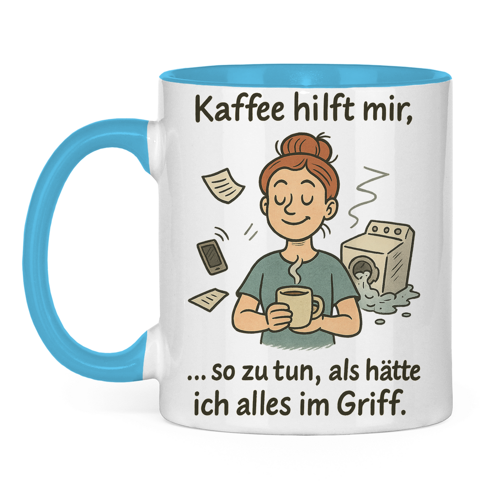 Kaffee hilft mir Tasse zweifarbig in hellblau