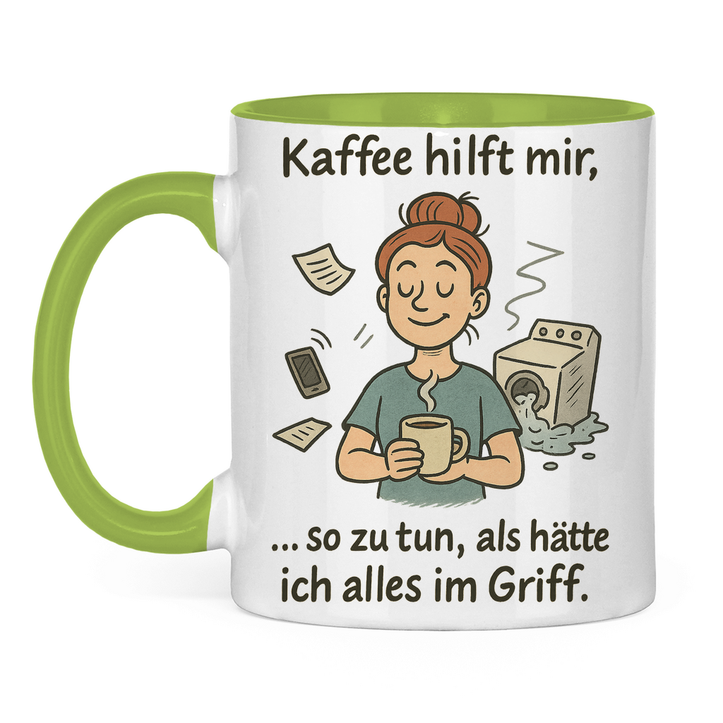 Kaffee hilft mir Tasse zweifarbig in hellgrün