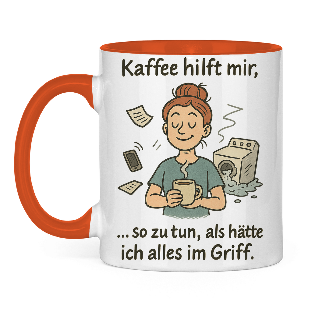Kaffee hilft mir Tasse zweifarbig in orange