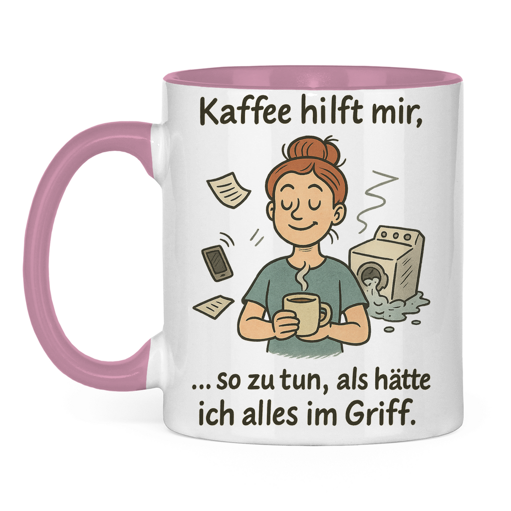 Kaffee hilft mir Tasse zweifarbig in rosa