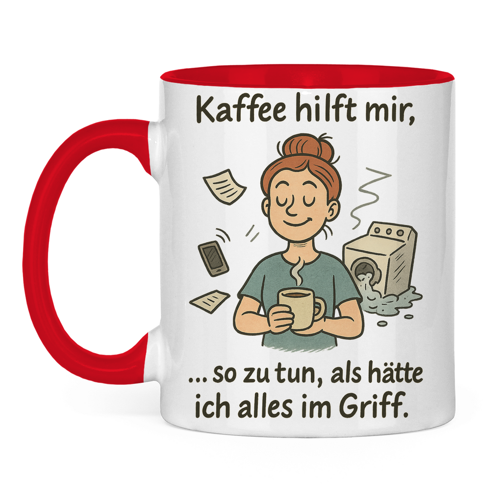 Kaffee hilft mir Tasse zweifarbig in rot