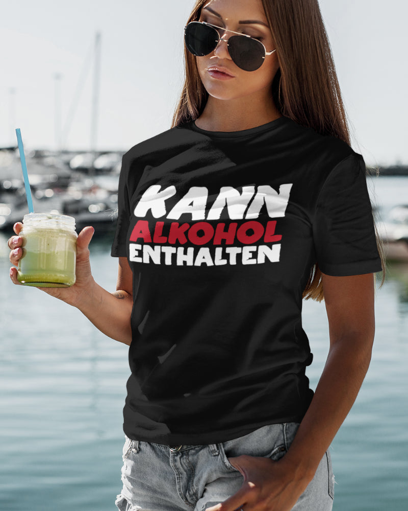 Damen T-Shirt Alkohol Spruch – Kann Alkohol enthalten – Für Weinfeste & Co.