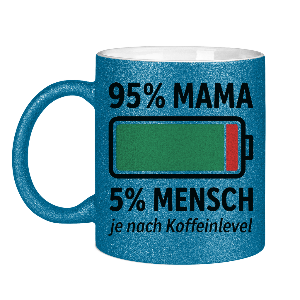 Mama Mensch je nach Koffeinlevel Glitzertasse in blau