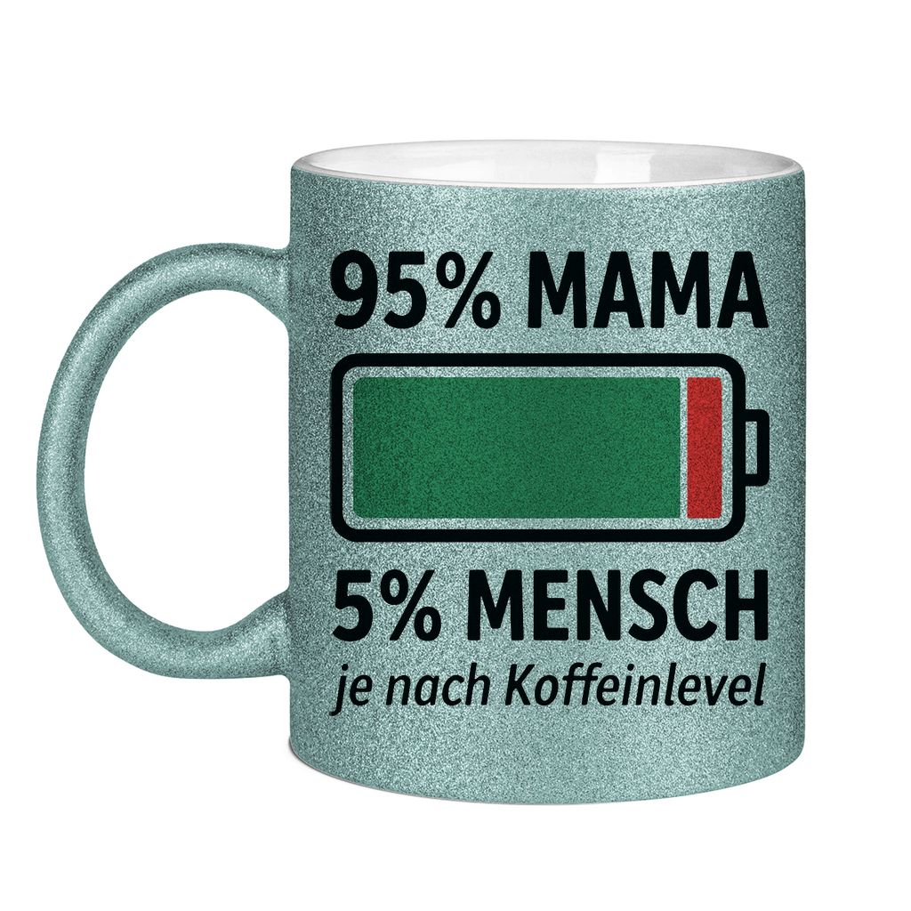 Mama Mensch je nach Koffeinlevel Glitzertasse in hellblau