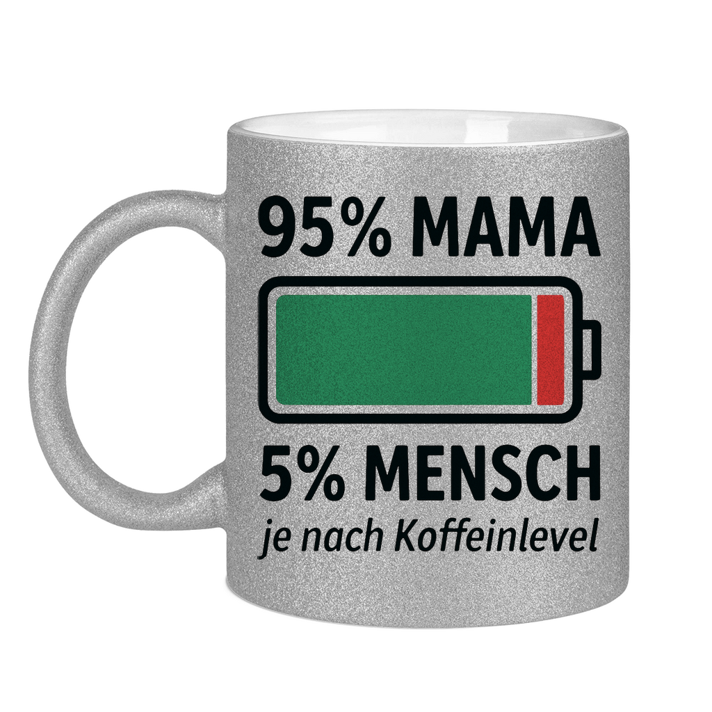 95 % Mama 5 % Mensch je nach Koffeinlevel - Glitzertasse Silver Glitter One size