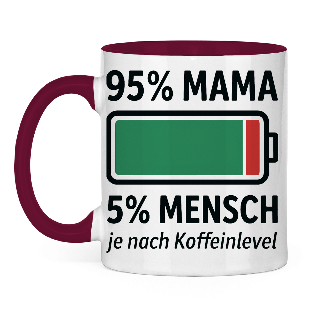 95 % Mama 5 % Mensch je nach Koffeinlevel - Tasse zweifarbig Burgundy