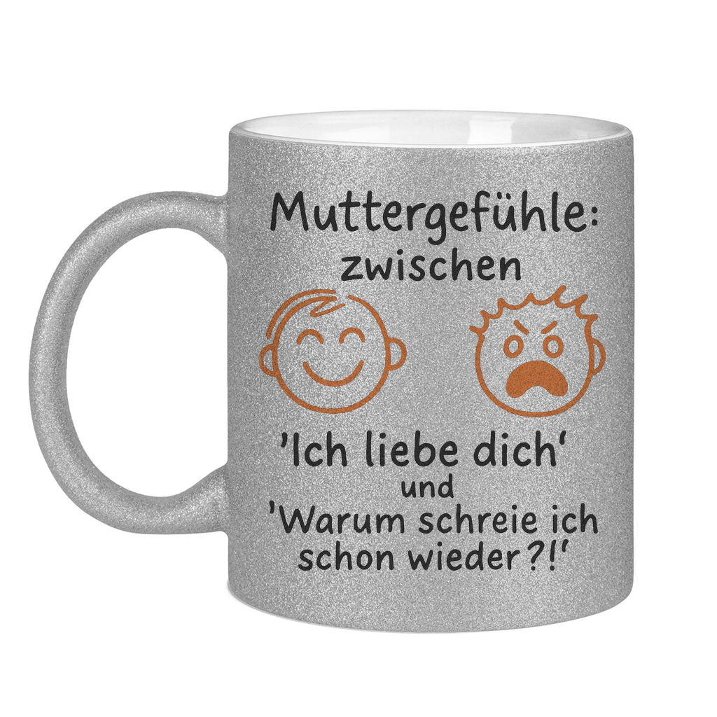 Muttergefühle Glitzertasse in silber