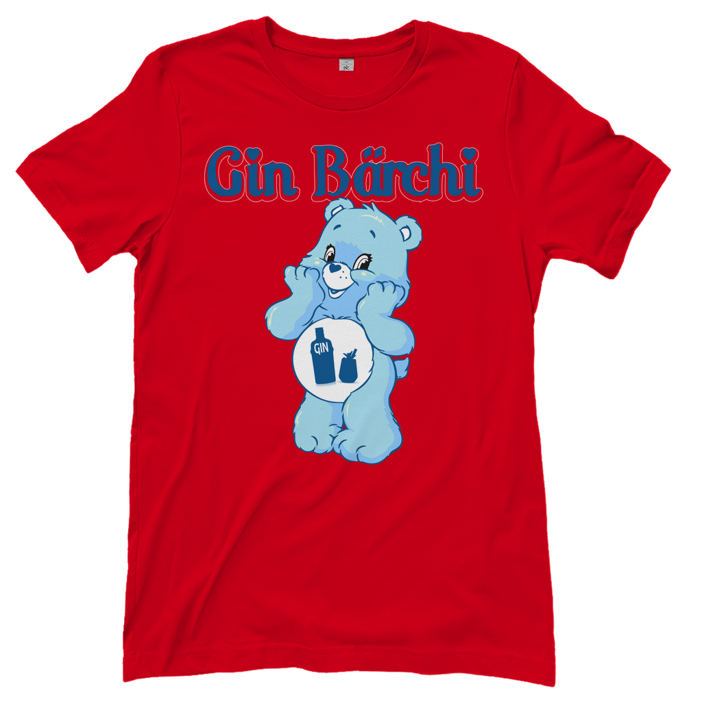 Rotes Damenshirt mit Gin Bärchi Design mit Gin Flasche und Glas