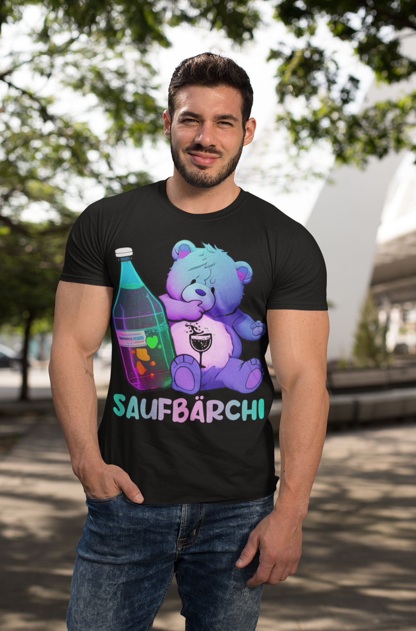 Saufbärchi Herren Shirt mit Glücksbärchi und Model