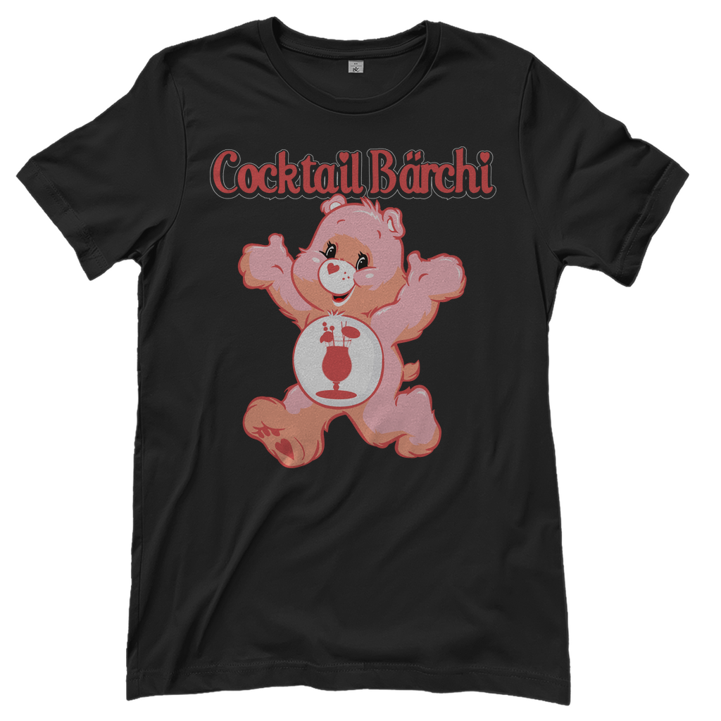 Schwarzes Cocktail Bärchi Glücksbärchi Damenshirt mit Flasche und Glas