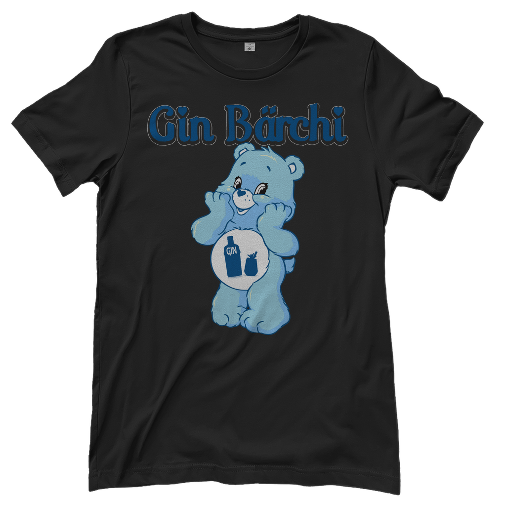 Schwarzes Damenshirt mit Gin Bärchi Design mit Gin Flasche und Glas