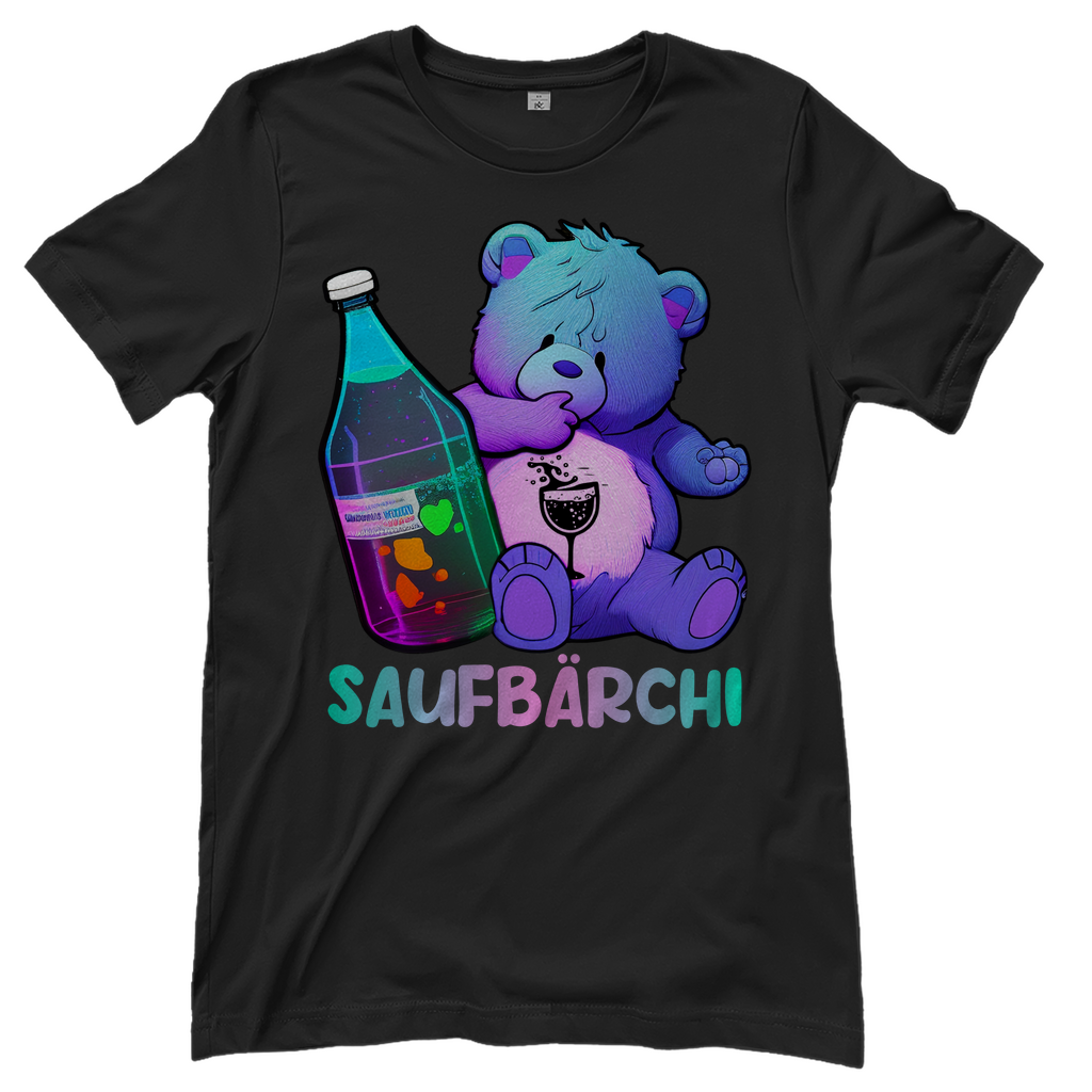 Schwarzes Saufbaerchi Damenshirt mit Flasche und Glas