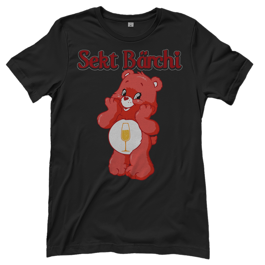 Schwarzes Sekt Bärchi Glücksbärchi Damenshirt mit Flasche und Glas