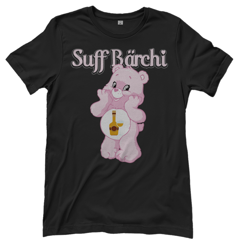 Schwarzes Suff Bärchi Glücksbärchi Damenshirt mit Glas
