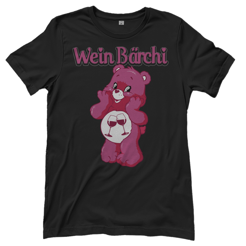 Schwarzes Wein Bärchi Glücksbärchi Damenshirt mit Weingläßern
