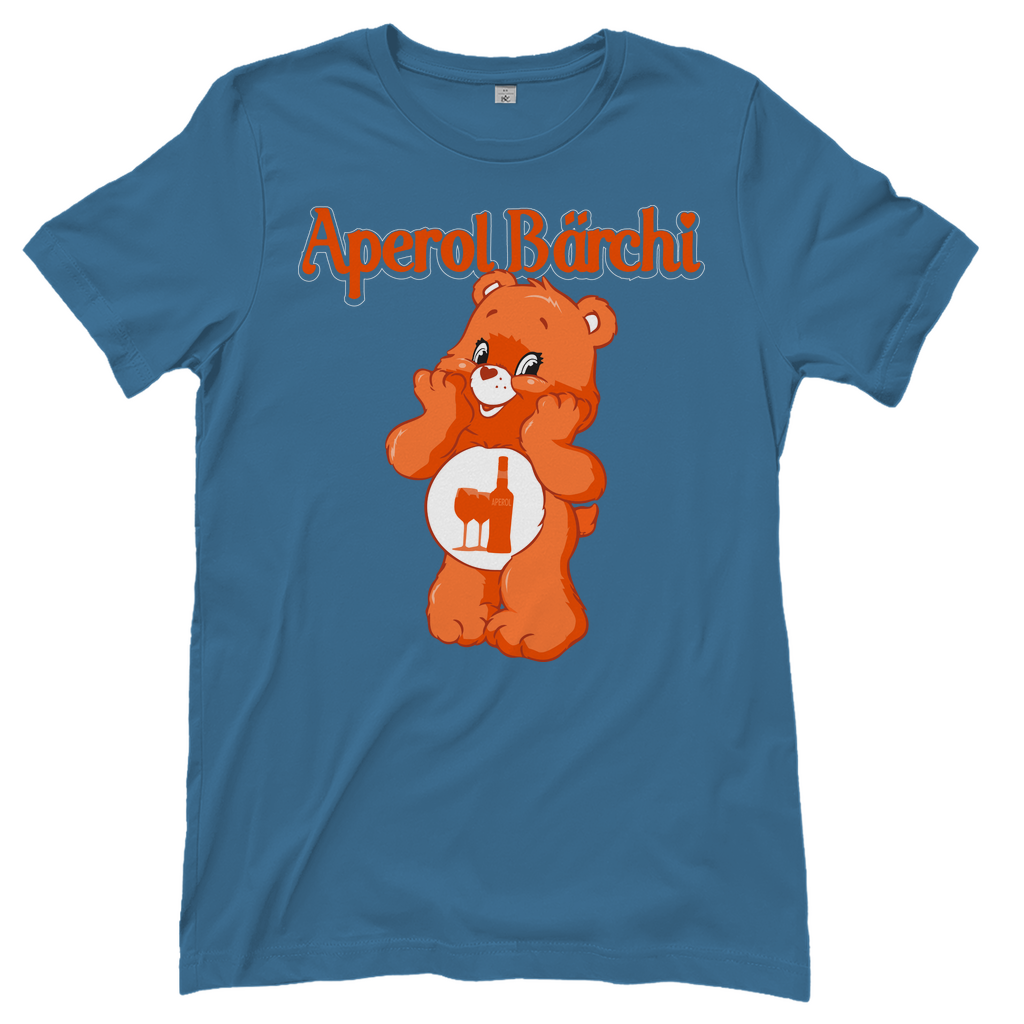 Steinblaues Aperol Bärchi Glücksbärchi Damenshirt mit Flasche und Glas