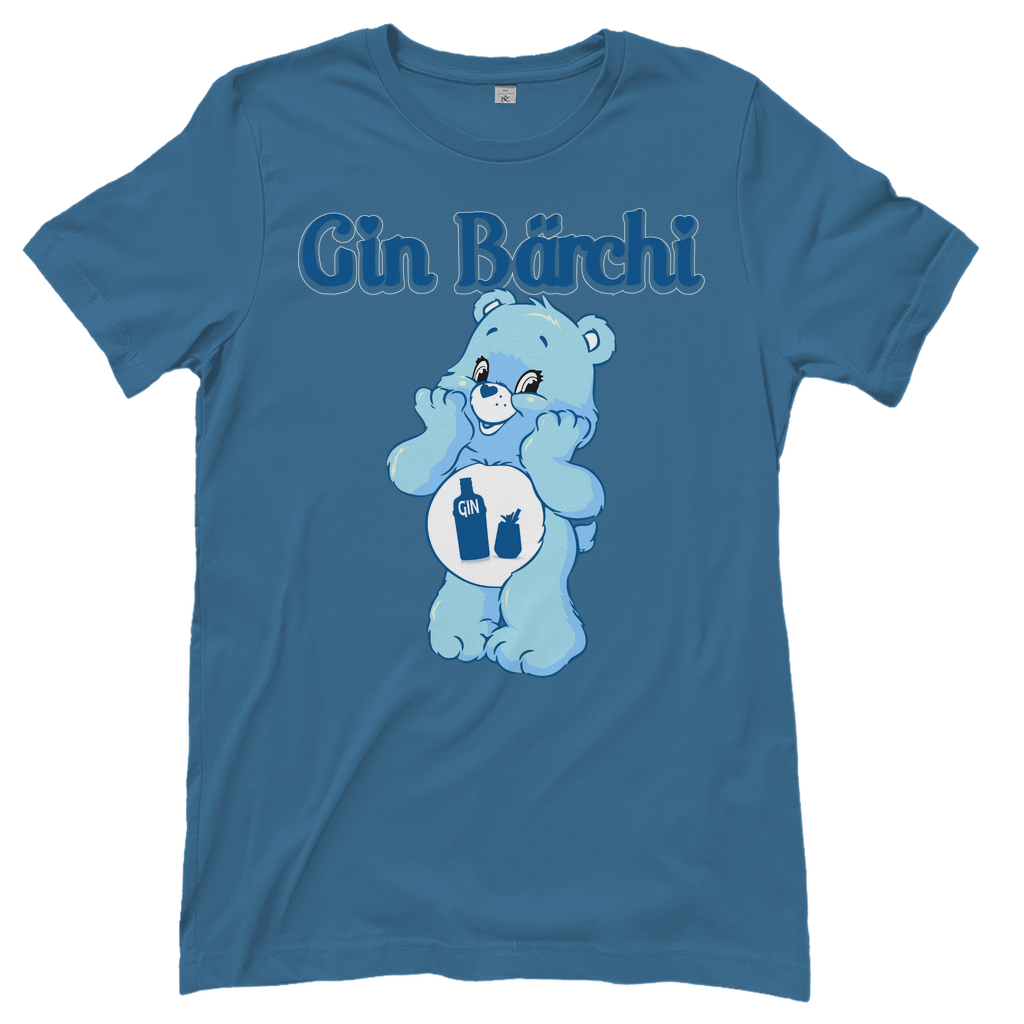 Steinblaues Damenshirt mit Gin Bärchi Design mit Gin Flasche und Glas