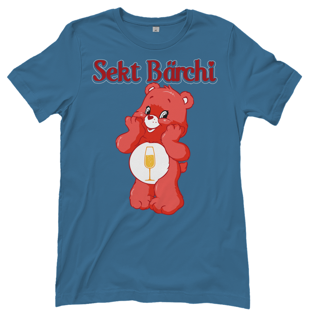 Steinblaues Sekt Bärchi Glücksbärchi Damenshirt mit Flasche und Glas