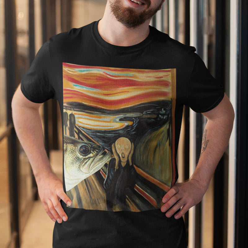 Der Schrei Parodie mit Fisch – Lustiges Angler Kunst Shirt für Männer