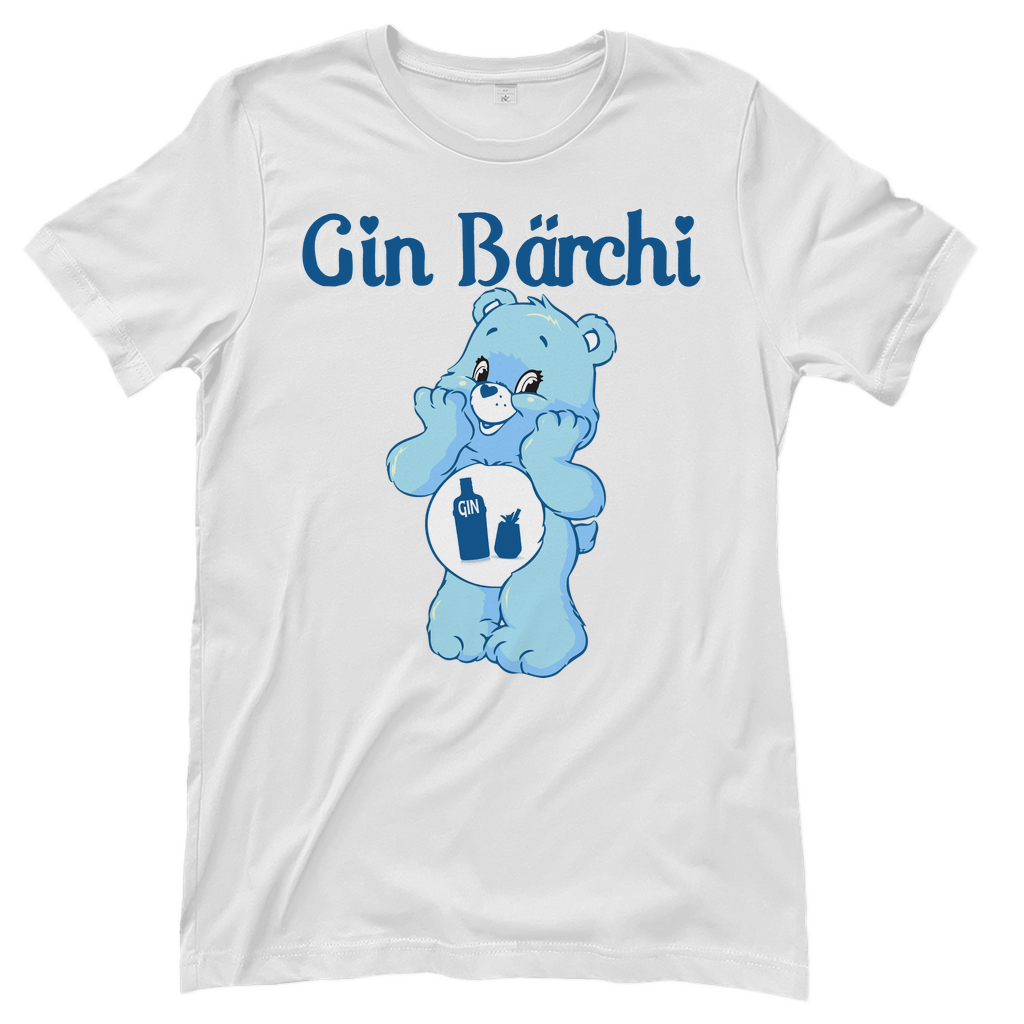 Weisses Damenshirt mit Gin Bärchi Design mit Gin Flasche und Glas