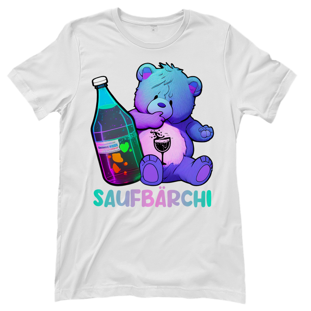 Weisses Saufbaerchi Damenshirt mit Flasche und Glas