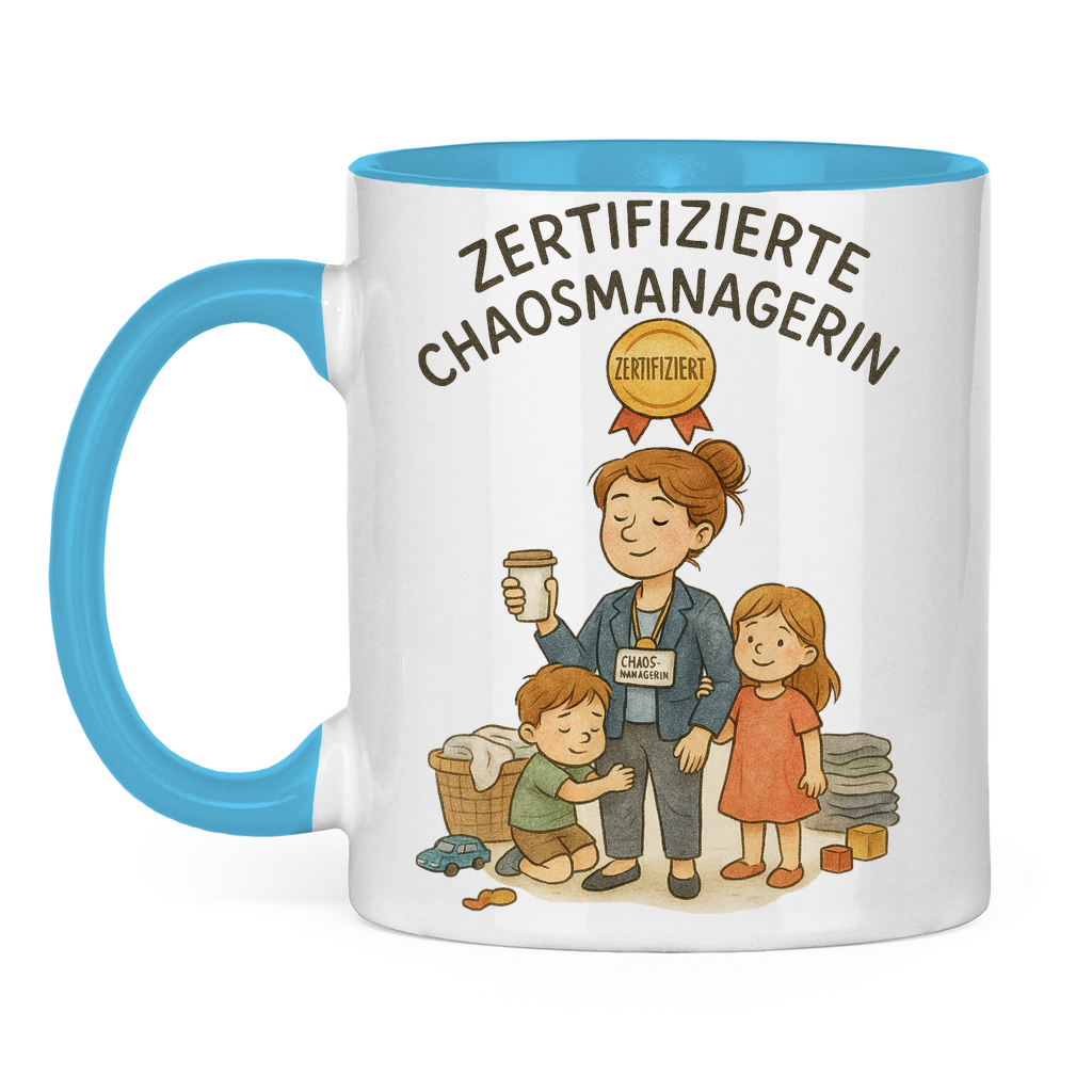 Zertifizierte Chaosmanagerin zweifarbige Tasse in blau