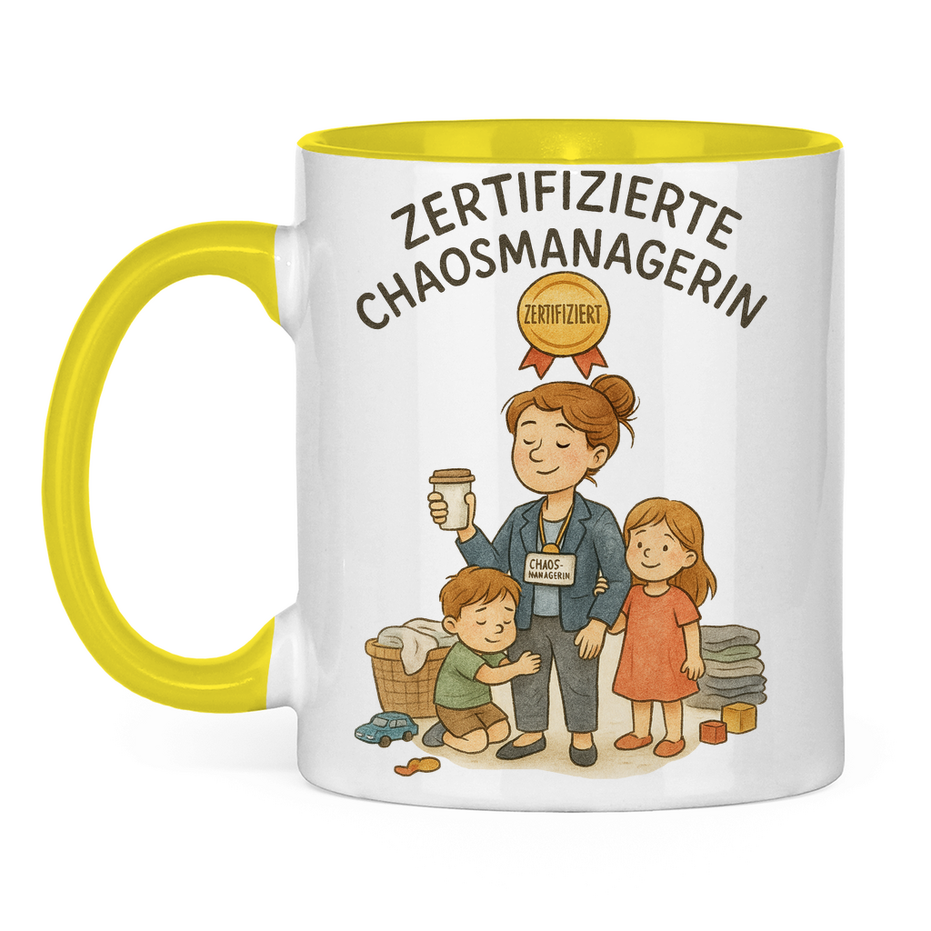 Zertifizierte Chaosmanagerin zweifarbige Tasse in gelb