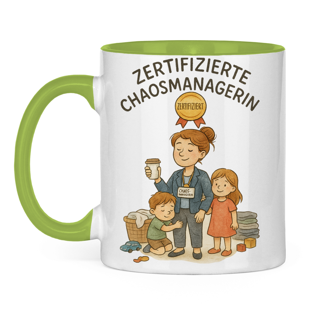Zertifizierte Chaosmanagerin zweifarbige Tasse in hellgrün