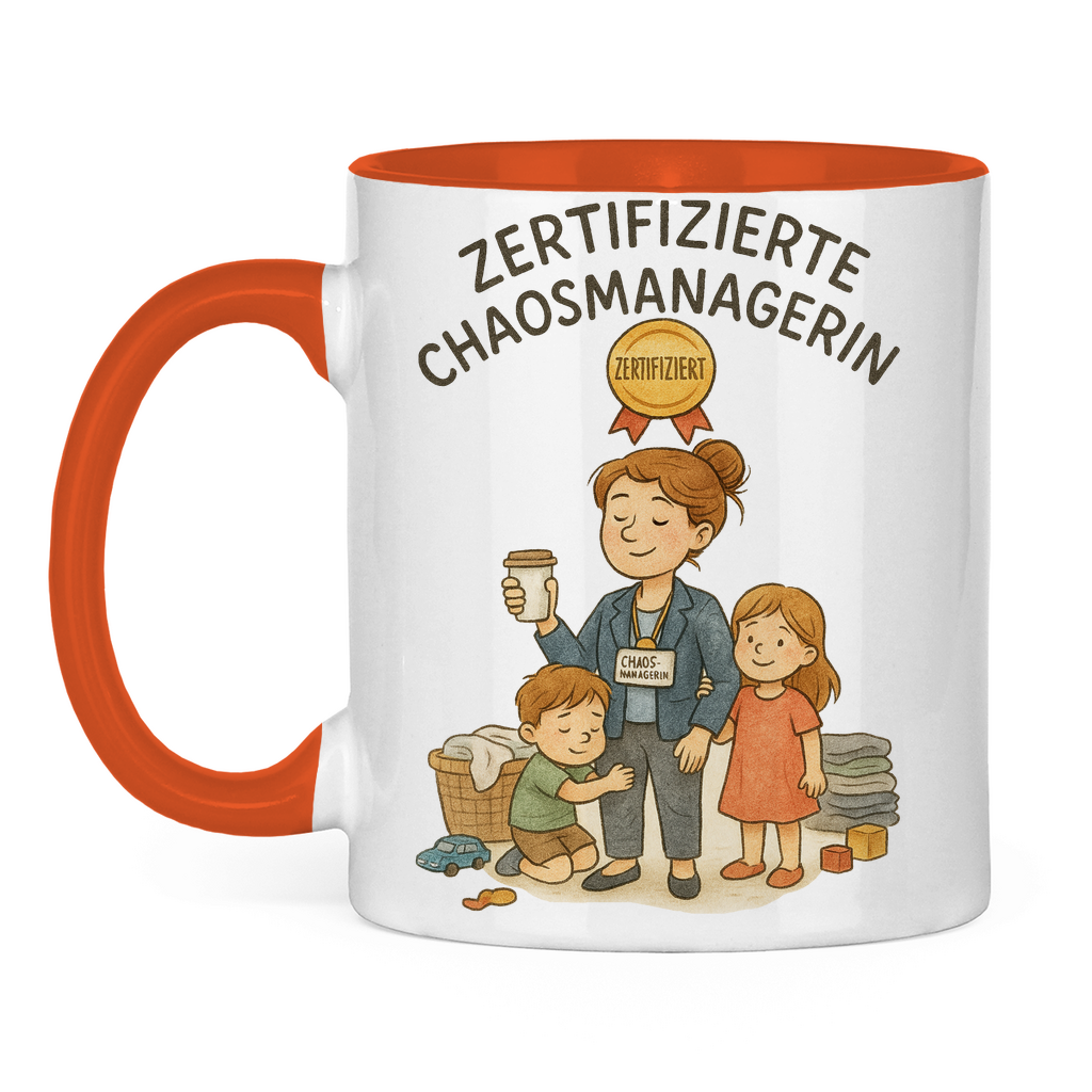 Zertifizierte Chaosmanagerin zweifarbige Tasse in orange