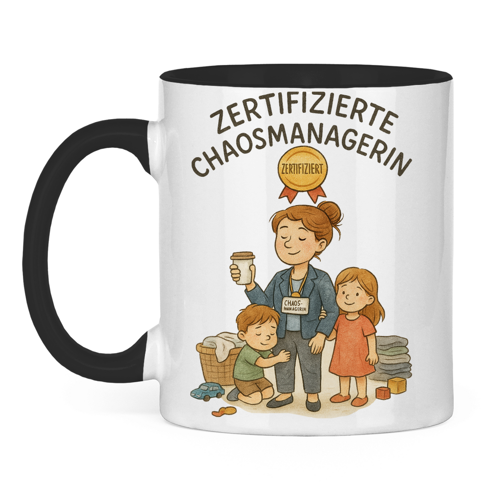 Zertifizierte Chaosmanagerin zweifarbige Tasse in schwarz