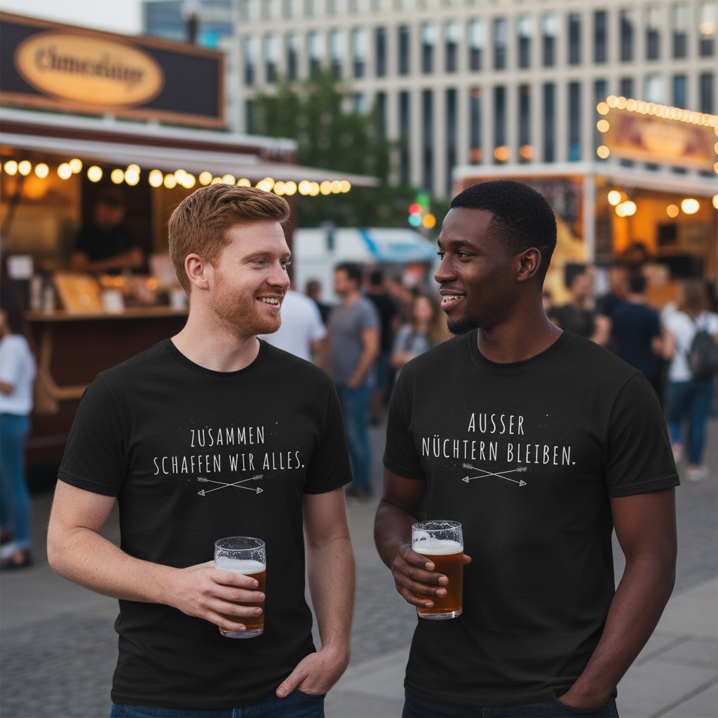 Zwei Männer auf Stadtplatz tragen schwarze Partnerlook T-Shirts mit "Zusammen schaffen wir alles" und "Außer nüchtern bleiben", halten Biergläser, entspannte urbane Atmosphäre