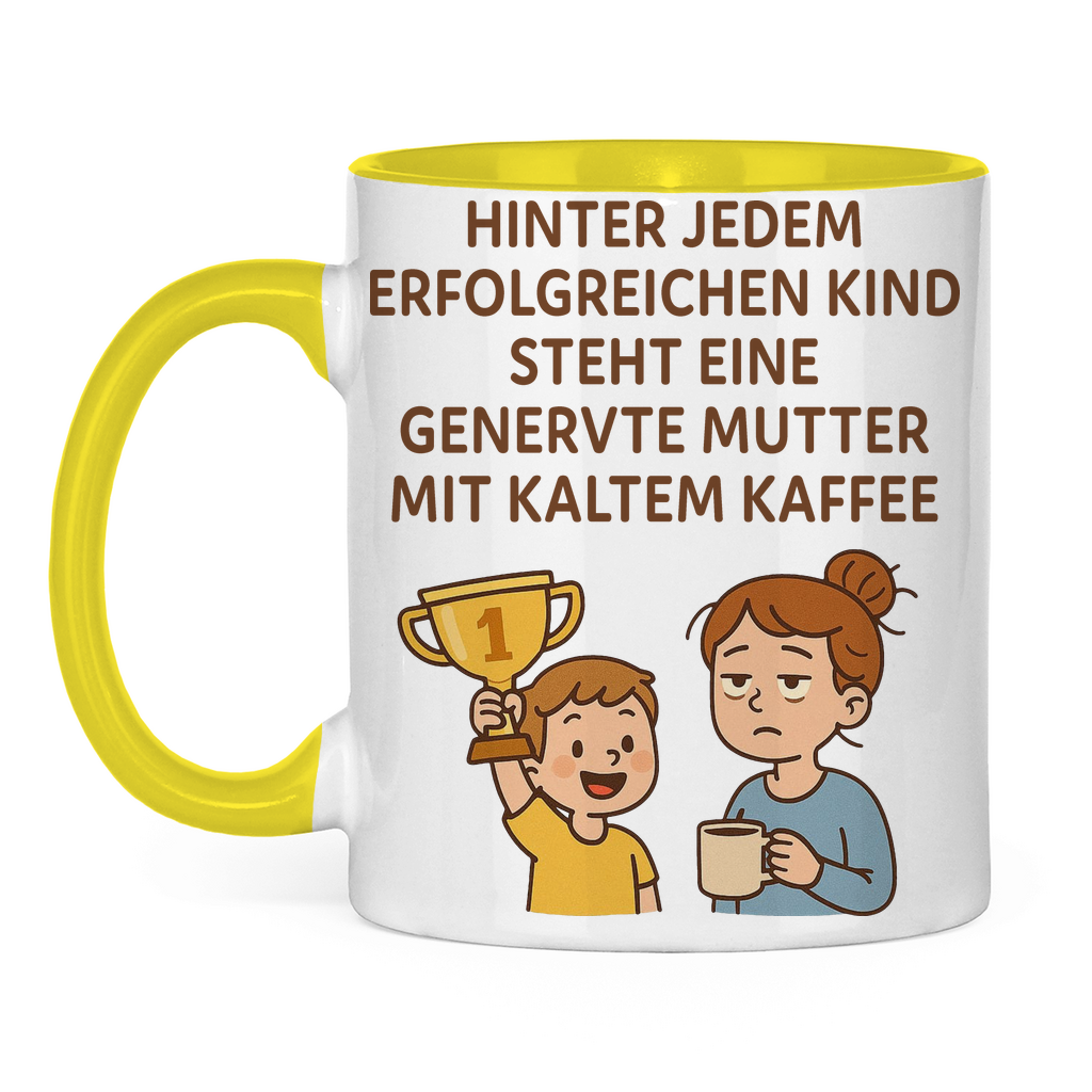 Zweifarbige Tasse genervte Mutter mit kaltem Kaffe in gelb