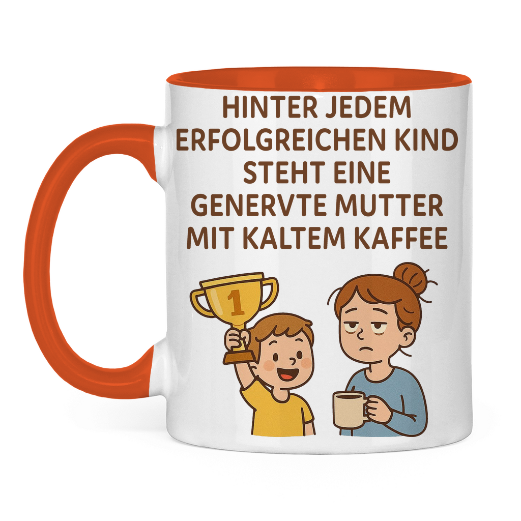 Zweifarbige Tasse genervte Mutter mit kaltem Kaffee in orange