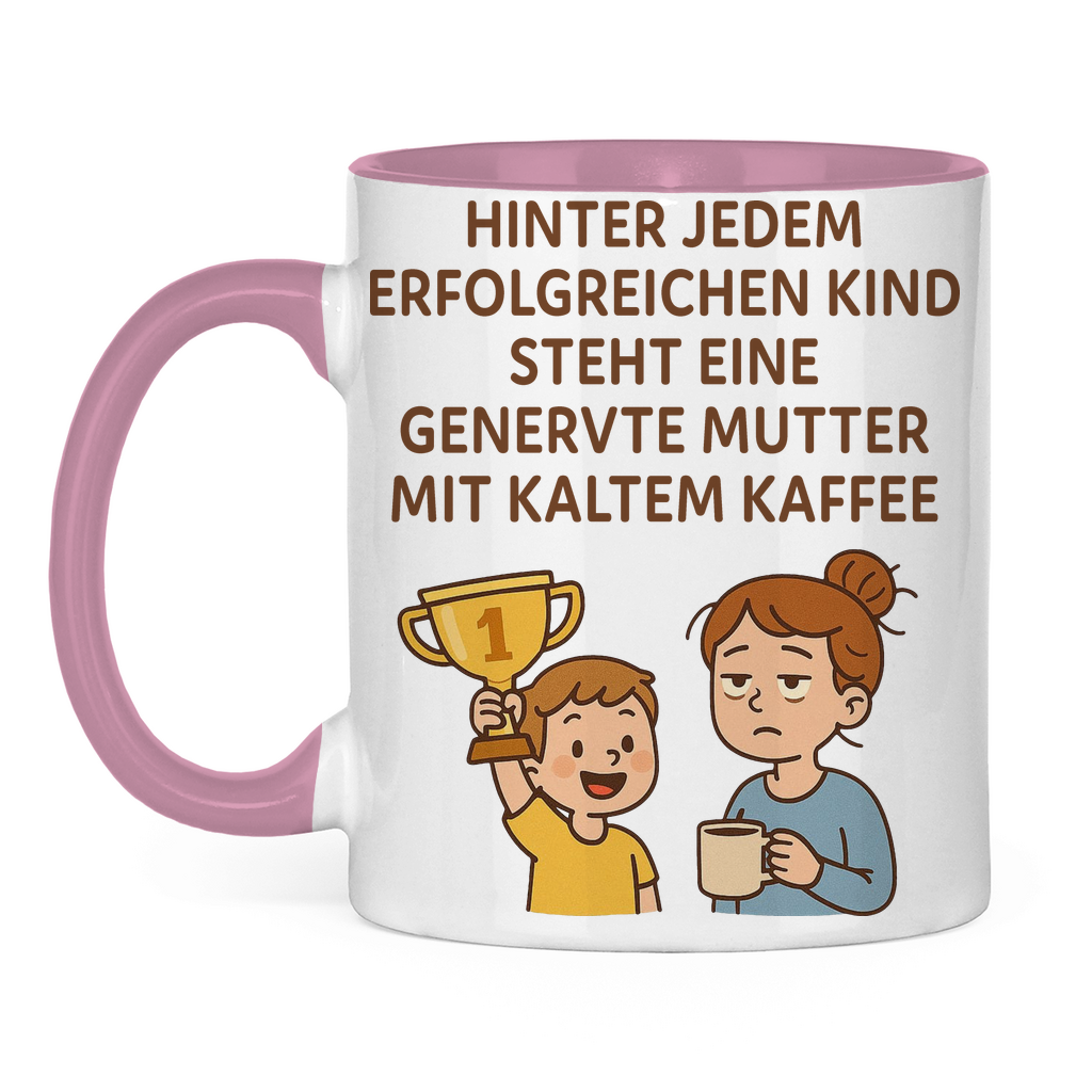 Zweifarbige Tasse genervte Mutter mit kaltem Kaffe in rosa