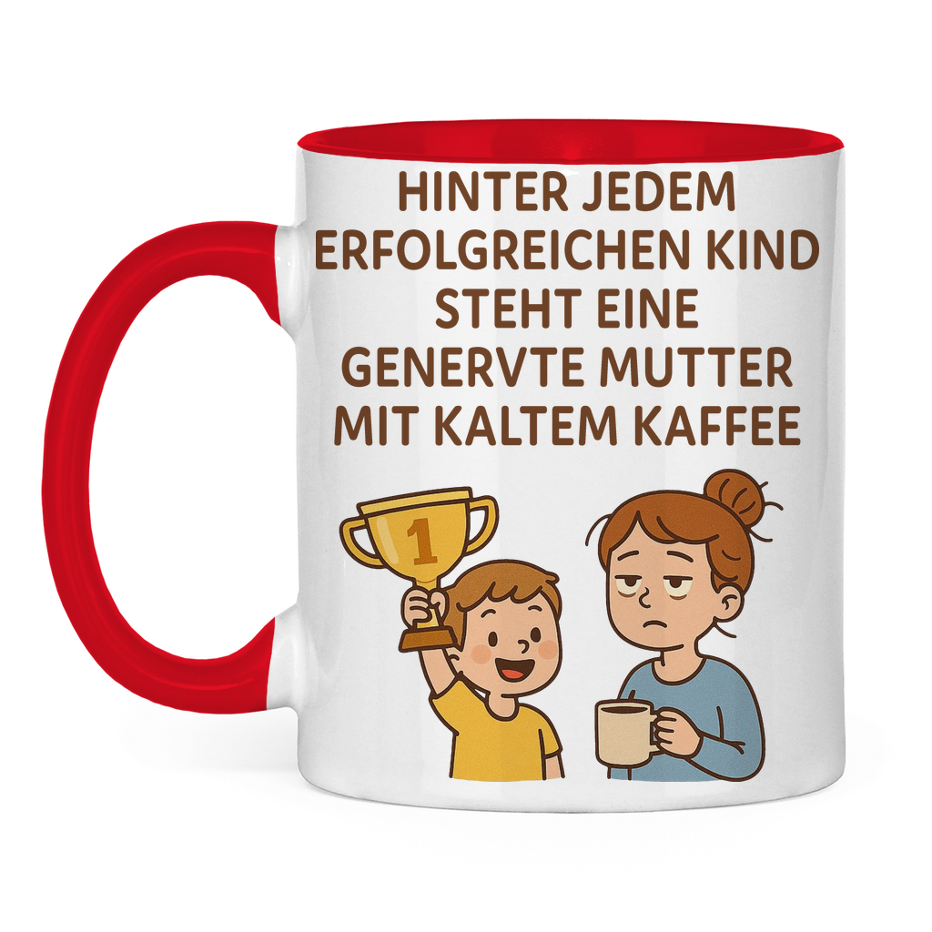 Zweifarbige Tasse genervte Mutter mit kaltem Kaffe in rot