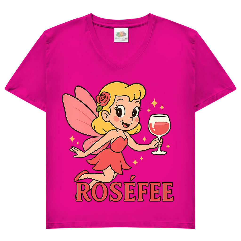 Damen V-Neck T-Shirt ROSÉFEE – Rosé Wein Fee Motiv mit femininer V-Ausschnitt Fuchsia