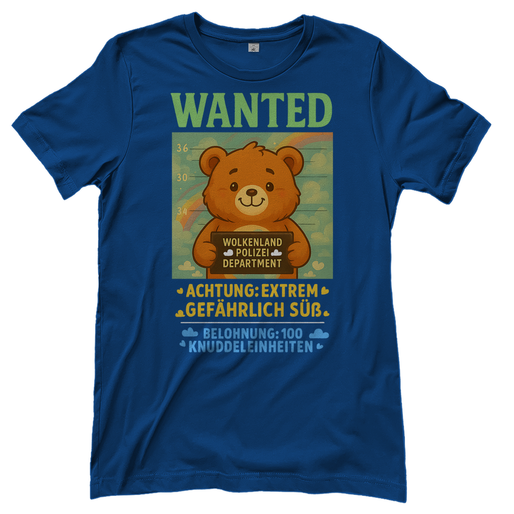 Damen T-Shirt Wanted Glücksbärchi Wolkenland Extrem Gefährlich Süß Royal Blue