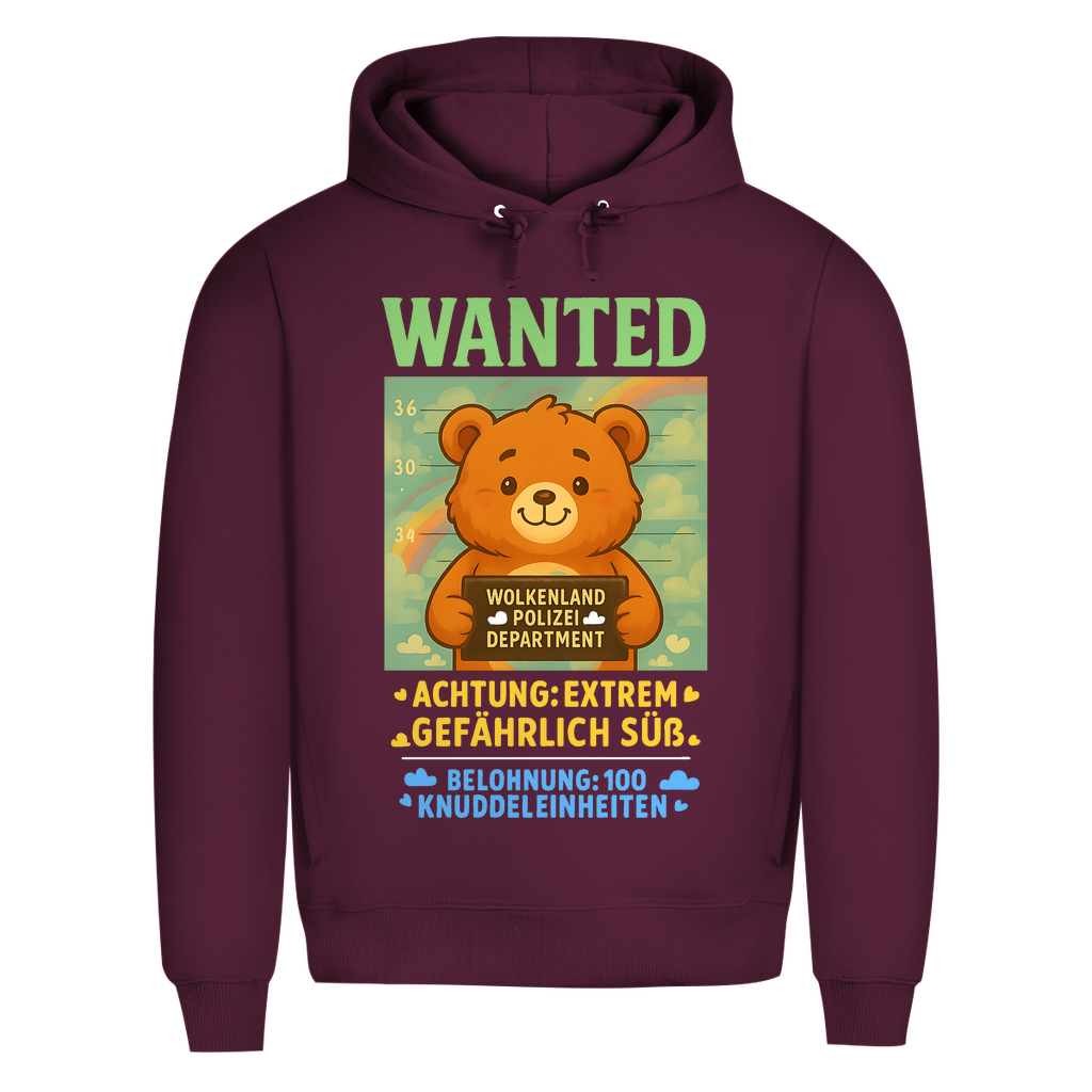 Herren Premium Bio Hoodie Wanted Glücksbärchi Wolkenland Extrem Gefährlich Süß Burgundy