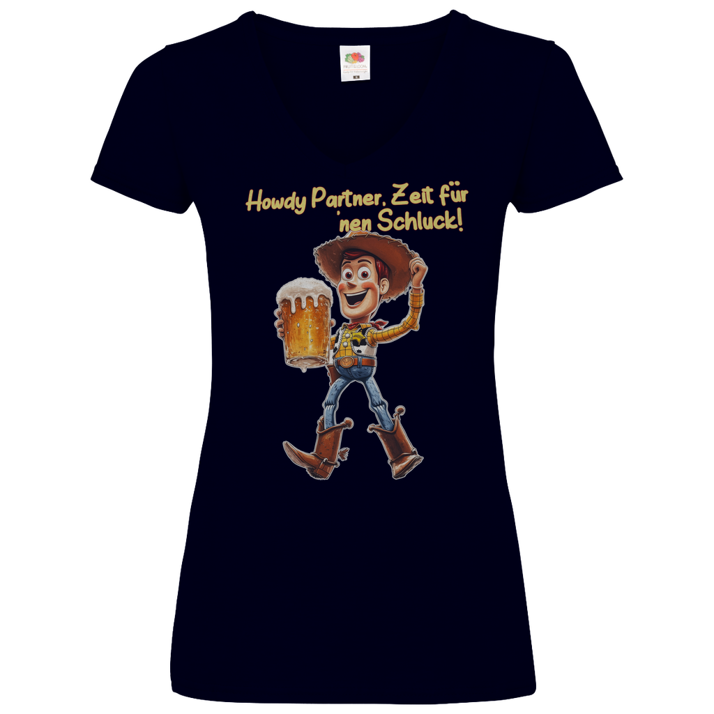 Howdy Partner Zeit für nen Schluck - Woody Toy Story - V-Neck Damenshirt Deep Navy